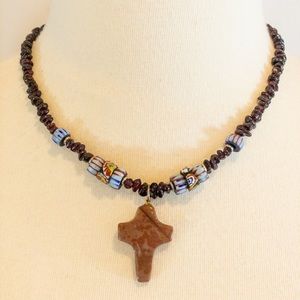 Red Garnet Beaded Necklace with Jasper Cross Pendant